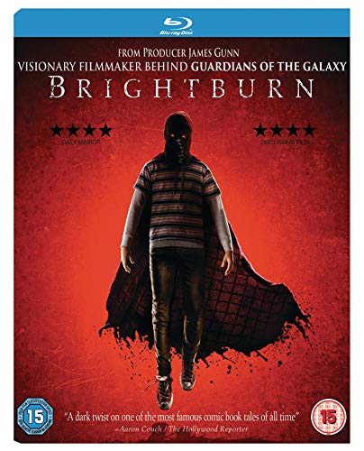 Brightburn Blu-ray cover featuring a masked boy with glowing eyes against a red background.