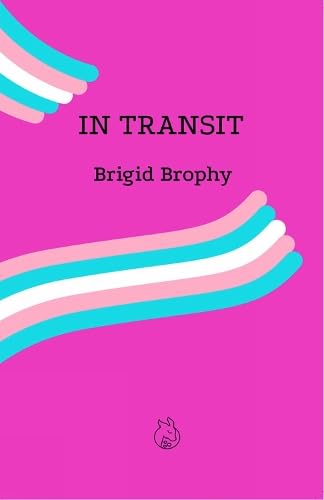 Book cover for In Transit by Brigid Brophy with pink background and transgender flag stripes.