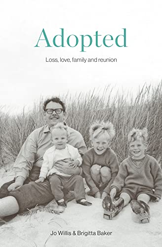 Book cover: "Adopted" with a vintage photo of a man and three children.