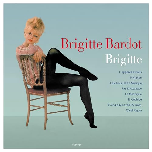 Brigitte Bardot album cover, seated on a chair, wearing black stockings.
