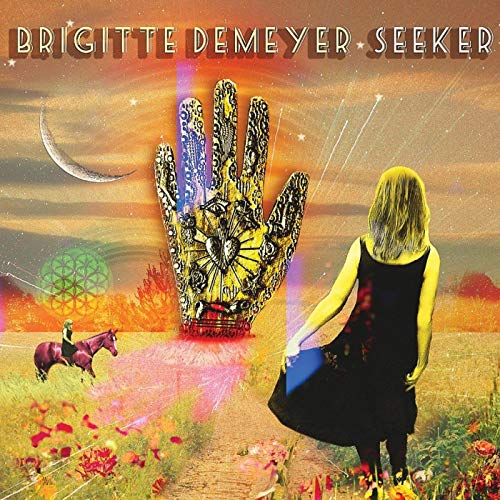 CD cover: hand, crescent moon, woman, horse in a colorful landscape.