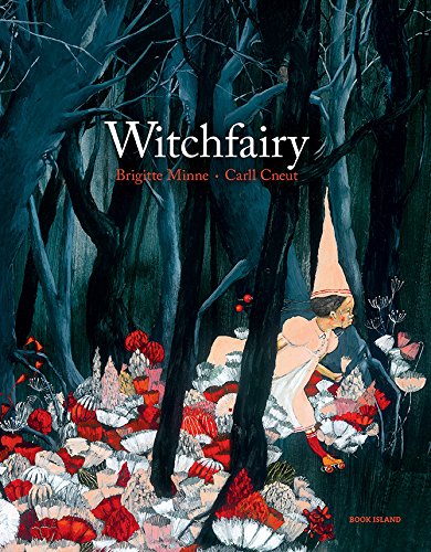 Book cover: child in a tall hat skates through a dark, floral forest.