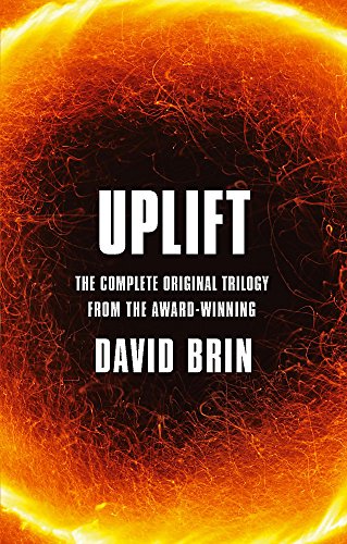 Book cover for “Uplift” trilogy by David Brin, fiery orange background.