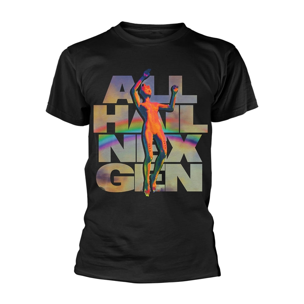 Black t-shirt with colorful, stacked text and a figure graphic.