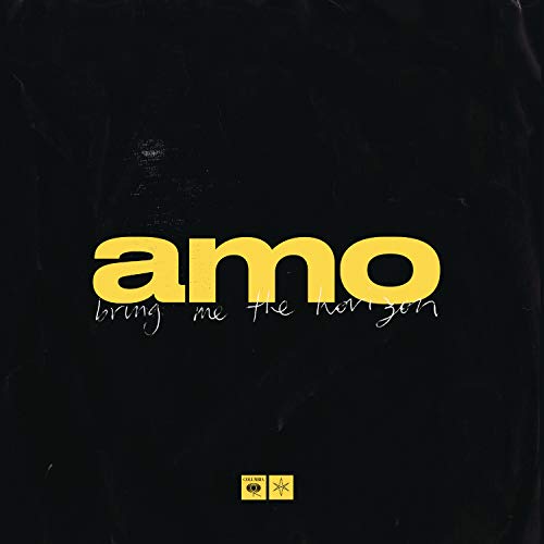 Album cover with yellow text amo and handwritten band name on a black background.
