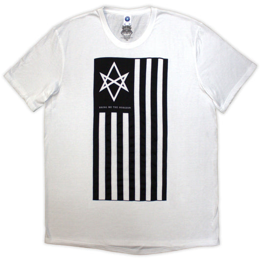 White t-shirt with black and white graphic of a star within stripes.