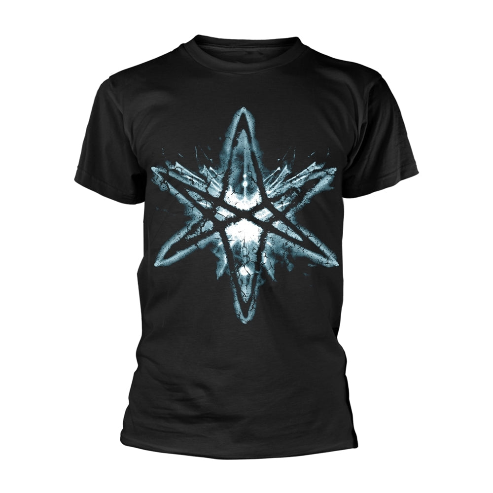 Black t-shirt with a cracked, light blue six-pointed star design.