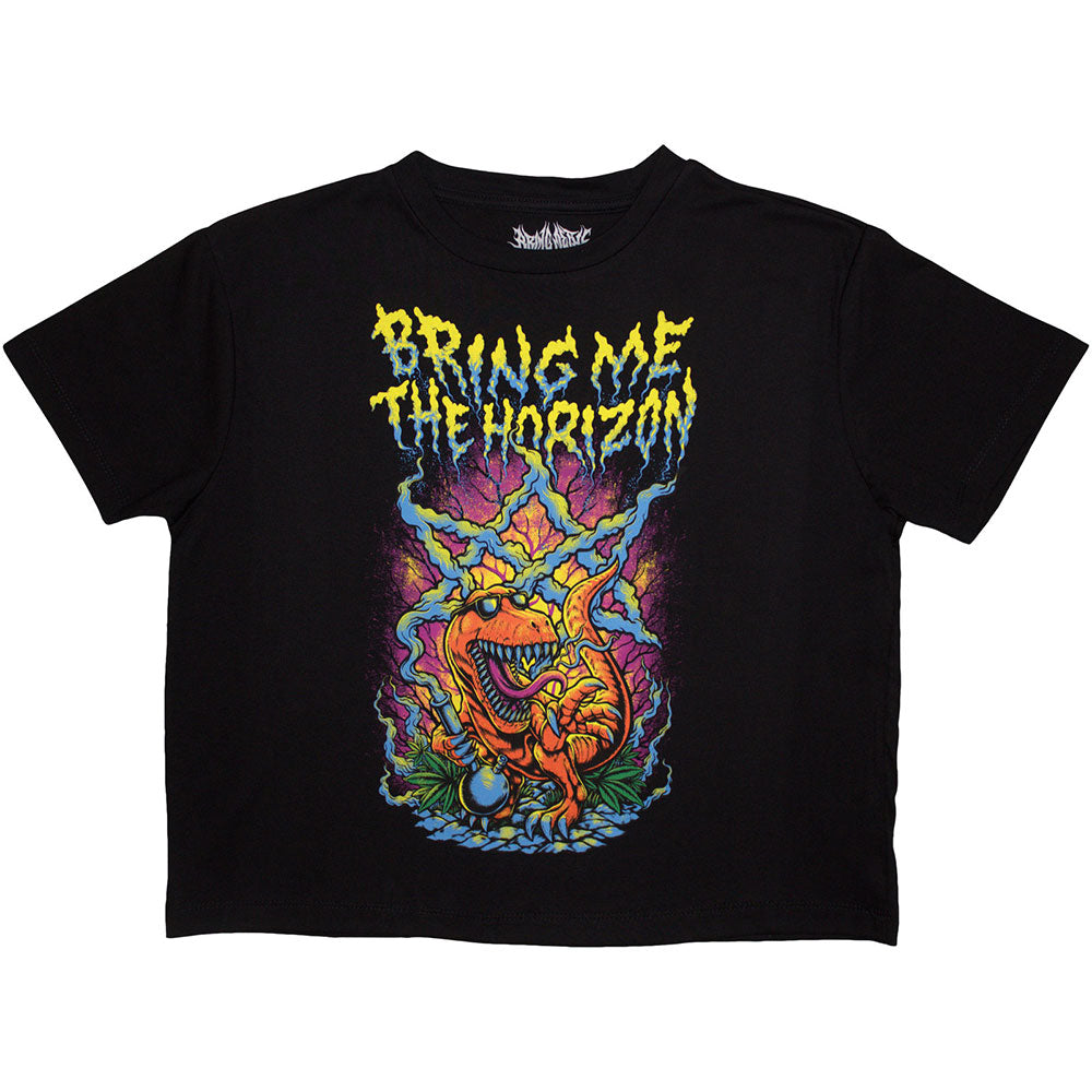 Black crop top with Bring Me The Horizon’s smoking dinosaur graphic, size X-Small.