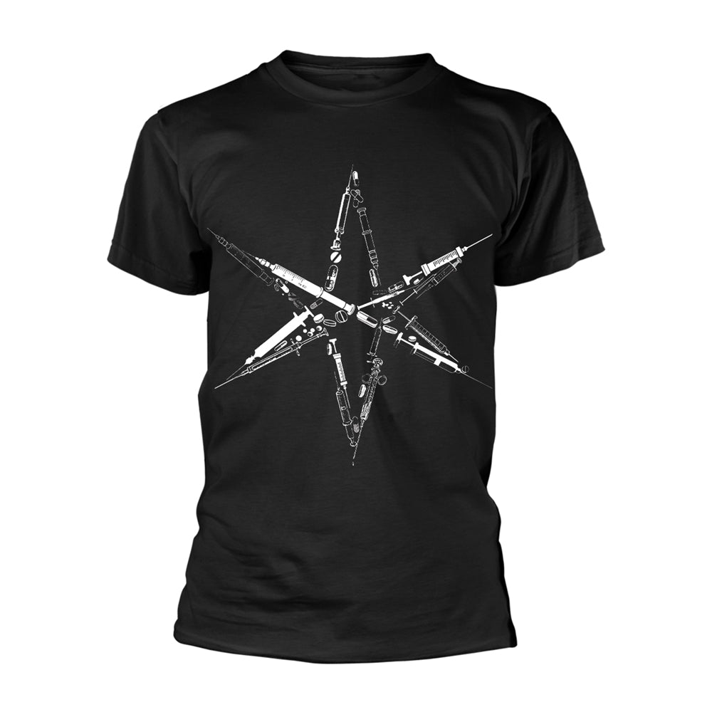 Black t-shirt with a white graphic of medical syringes forming a hexagon.