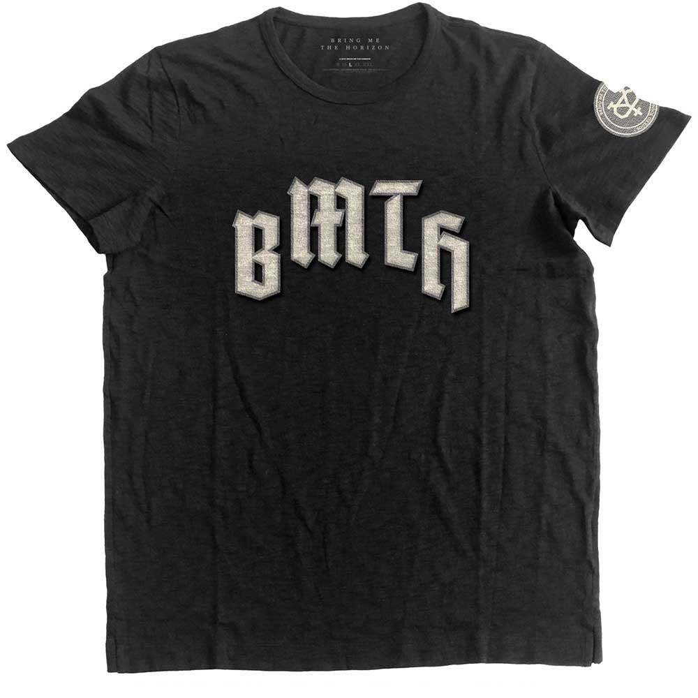 Black Bring Me The Horizon t-shirt with band logo and motifs.