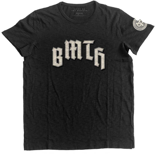 Black Bring Me The Horizon t-shirt with band logo and motifs.