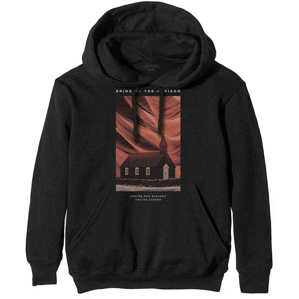 Black hoodie with a desert landscape and church graphic print.