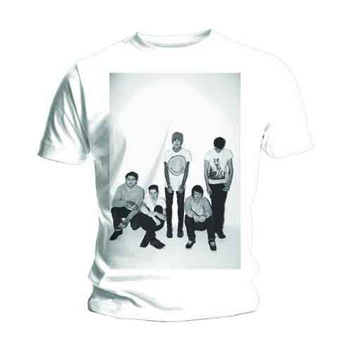 White t-shirt with black and white group photo of Bring Me The Horizon.