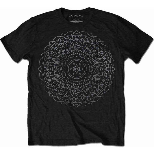 Black t-shirt with white kaleidoscope design worn by a man.