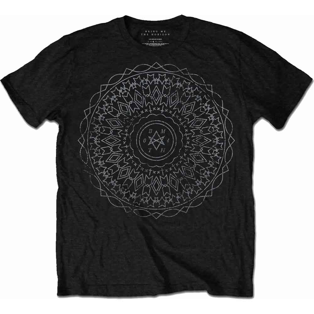 Black t-shirt with white kaleidoscope design worn by a man.