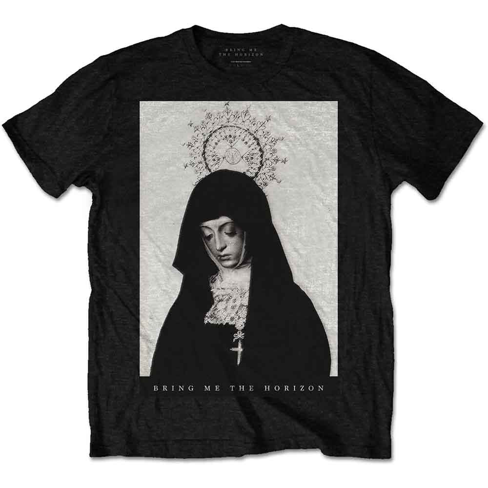 Black t-shirt with a graphic of a nun’s face and halo.