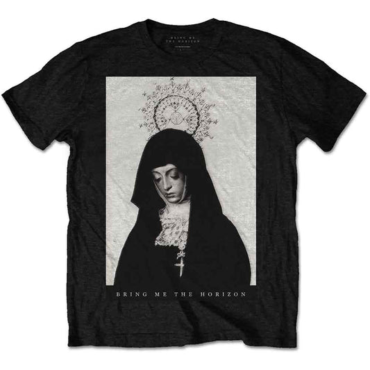 Black t-shirt with a graphic of a nun’s face and halo.
