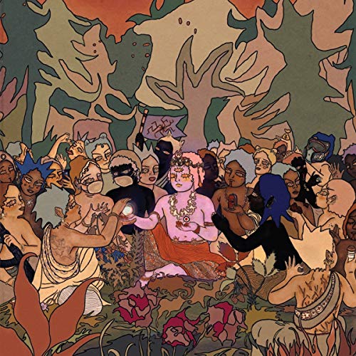 Illustration of a crowded scene with diverse figures in a surreal landscape.