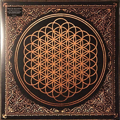 Black vinyl record cover featuring a gold geometric flower of life design.