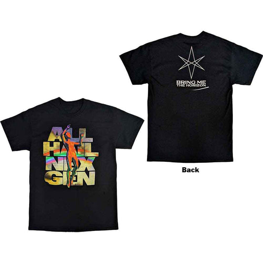 Black unisex t-shirt featuring a graphic design on the back and small sizing.