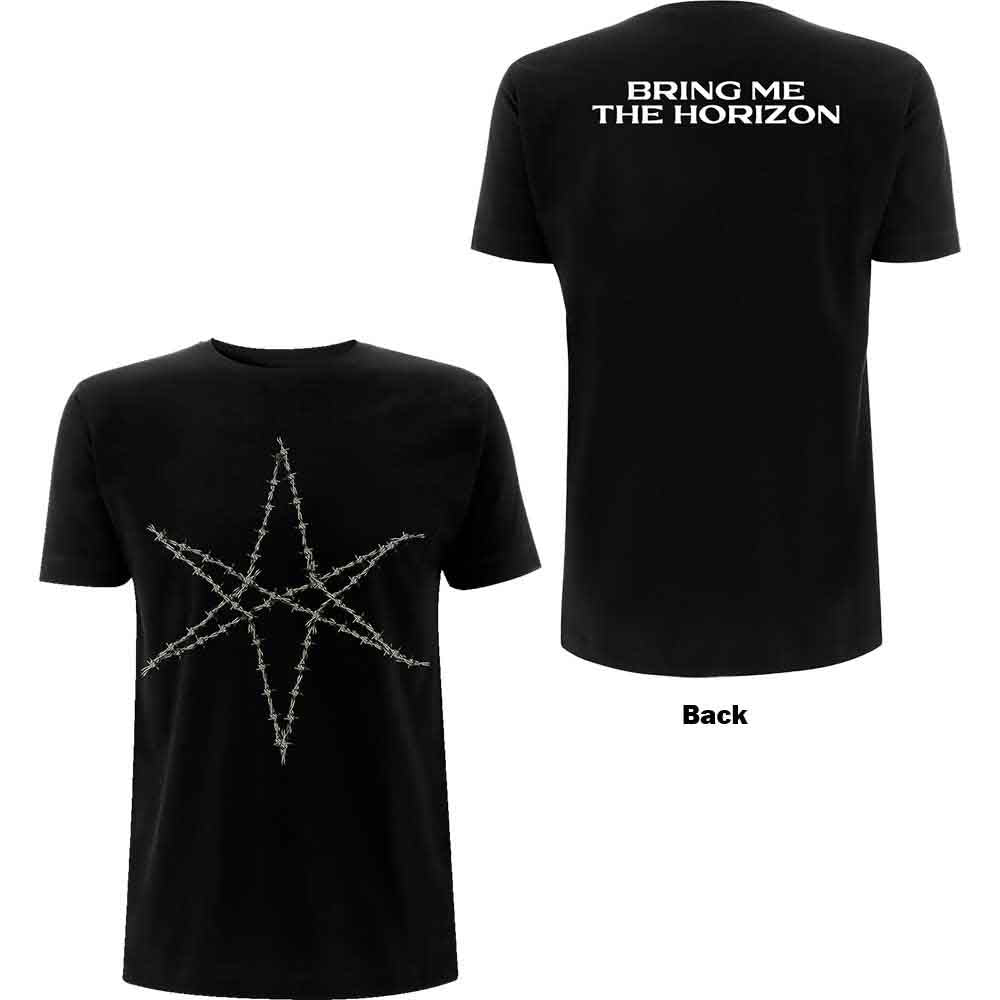 Black unisex t-shirt with large barbed wire design printed on the back.