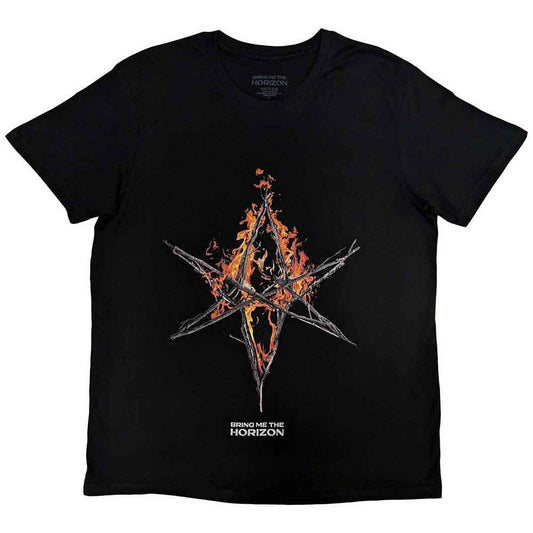Black t-shirt with Bring Me The Horizon logo: flame hex and band name.