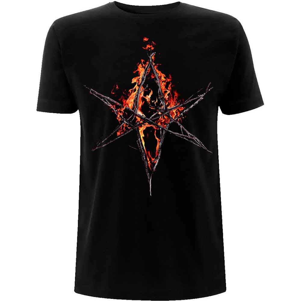 Black unisex t-shirt featuring a flaming hexagonal graphic design on the front.
