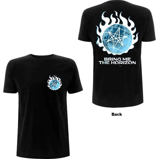 Black t-shirt with a large globe design printed on the back.