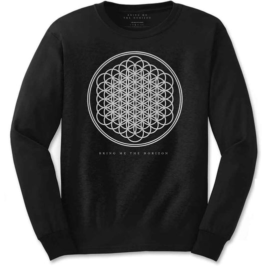 Black long-sleeve t-shirt with white geometric design on chest.