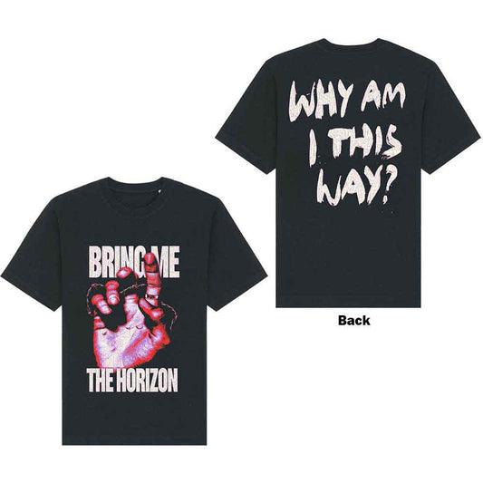 Black t-shirt with white "Lost" back print, Bring Me The Horizon band logo.