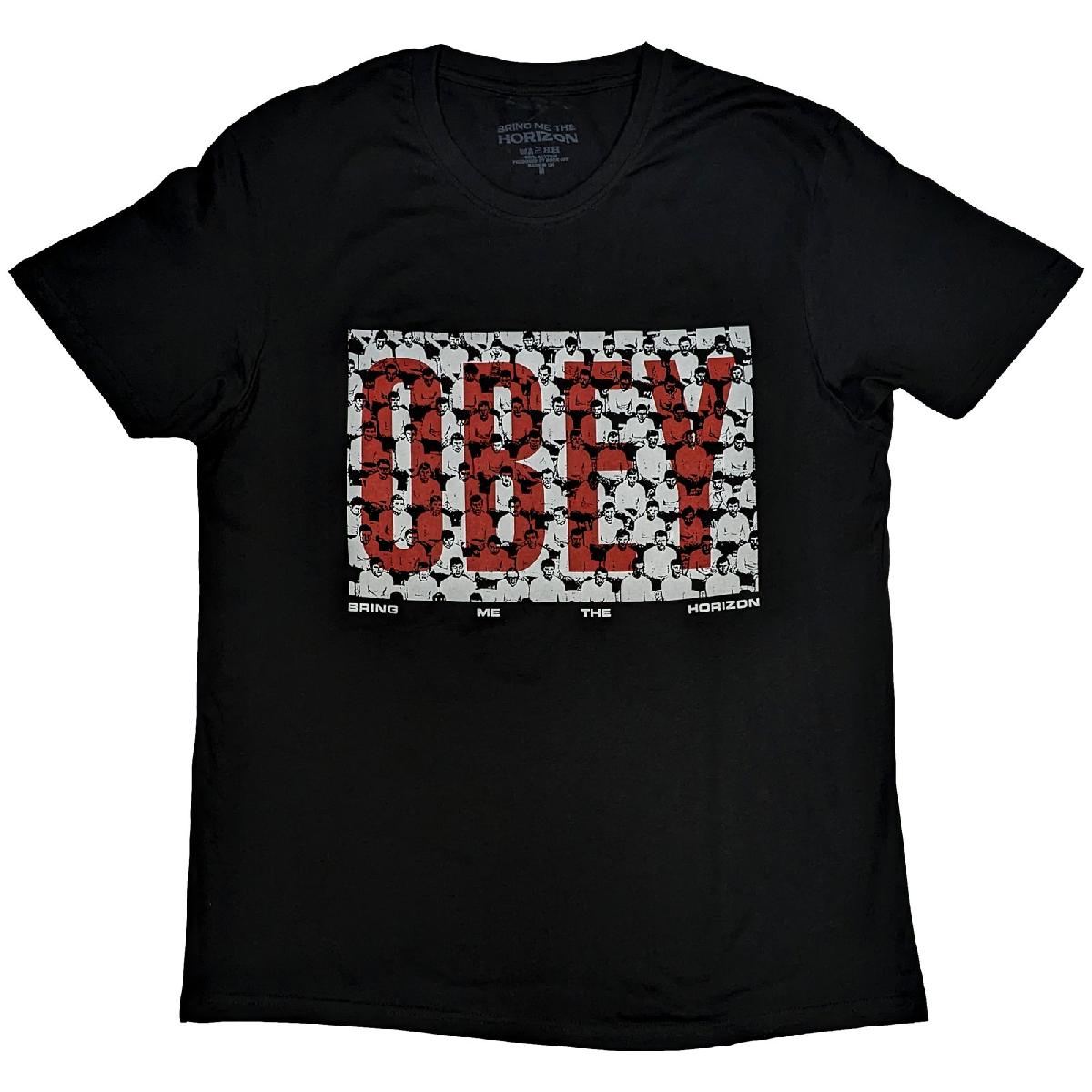Black t-shirt with white “Obey” graphic, band logo for Bring Me The Horizon.