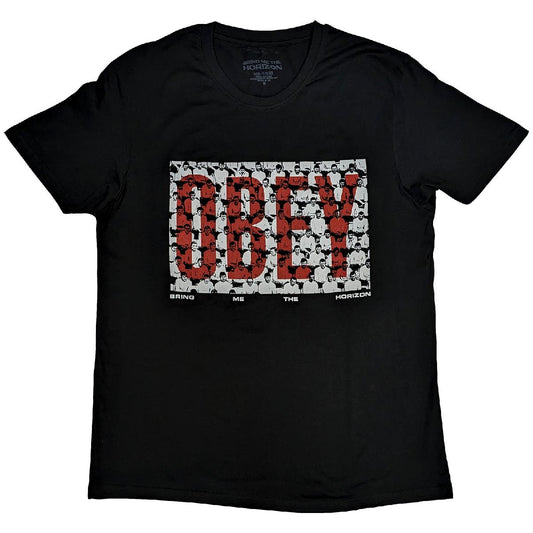 Black t-shirt with white “Obey” graphic, band logo for Bring Me The Horizon.