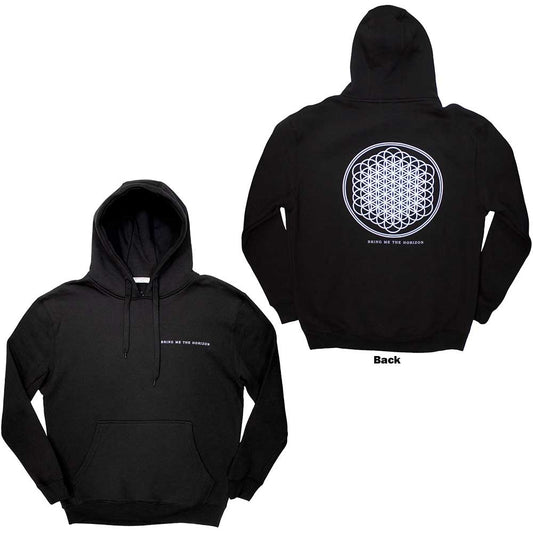 Dark hoodie with large “Flower of Life” design printed on the back.