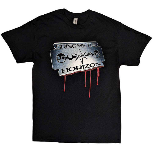 Black unisex t-shirt featuring a razor blade graphic and Bring Me The Horizon branding.