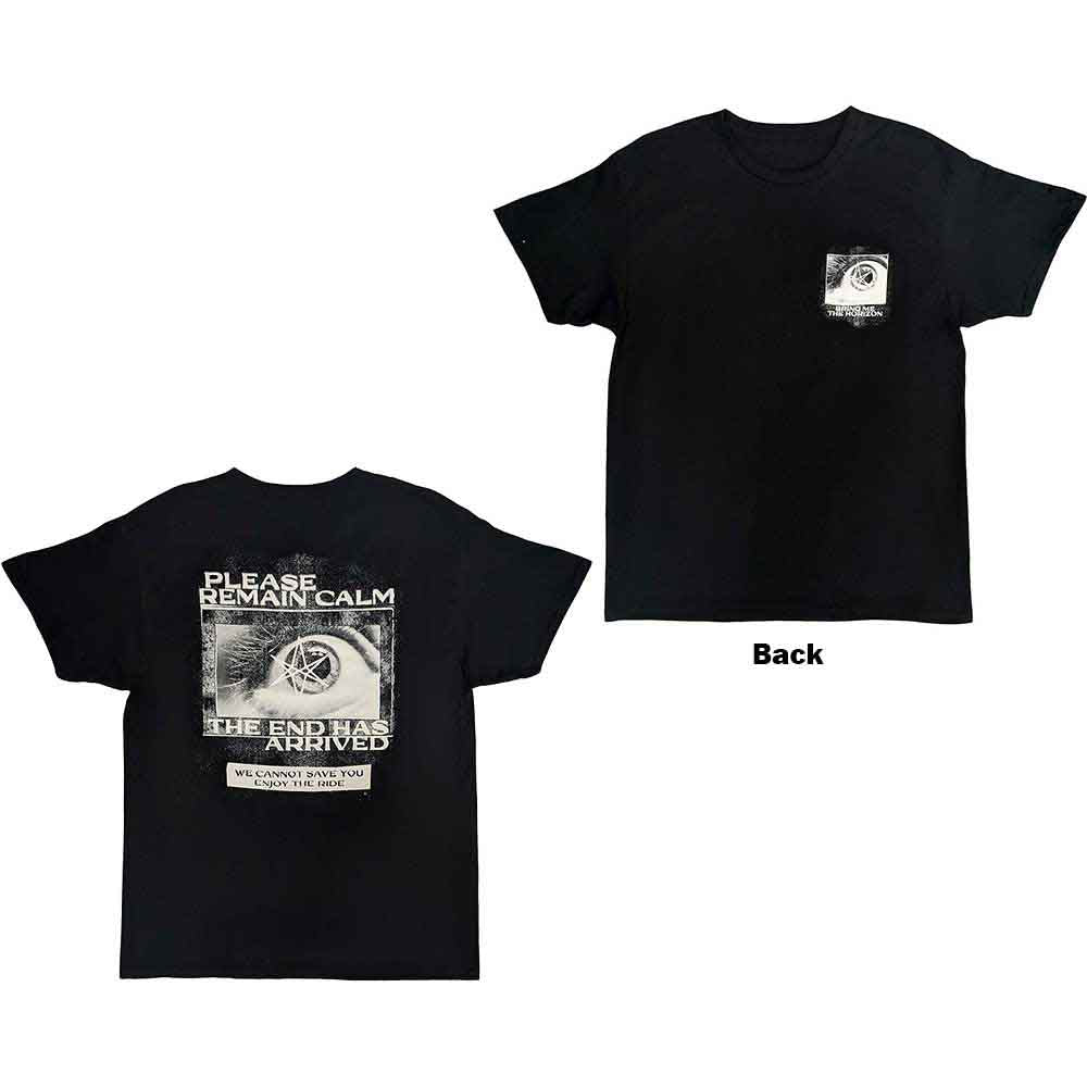 Black t-shirt with white “Remain Calm” back print, size XX-Large.