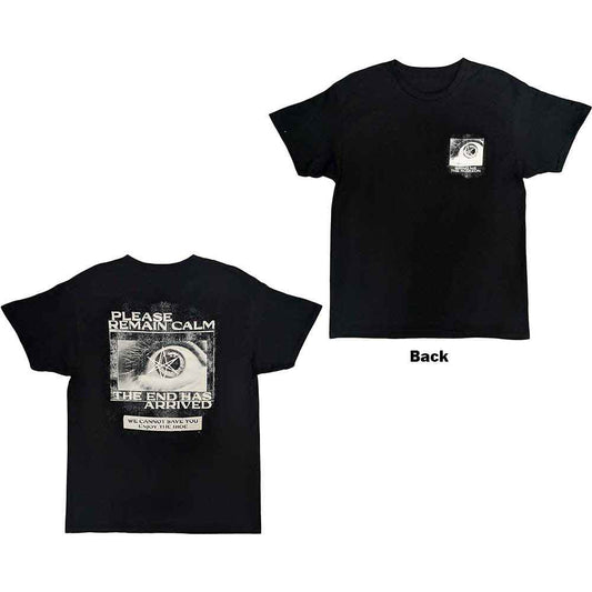 Black t-shirt with white “Remain Calm” back print, size XX-Large.