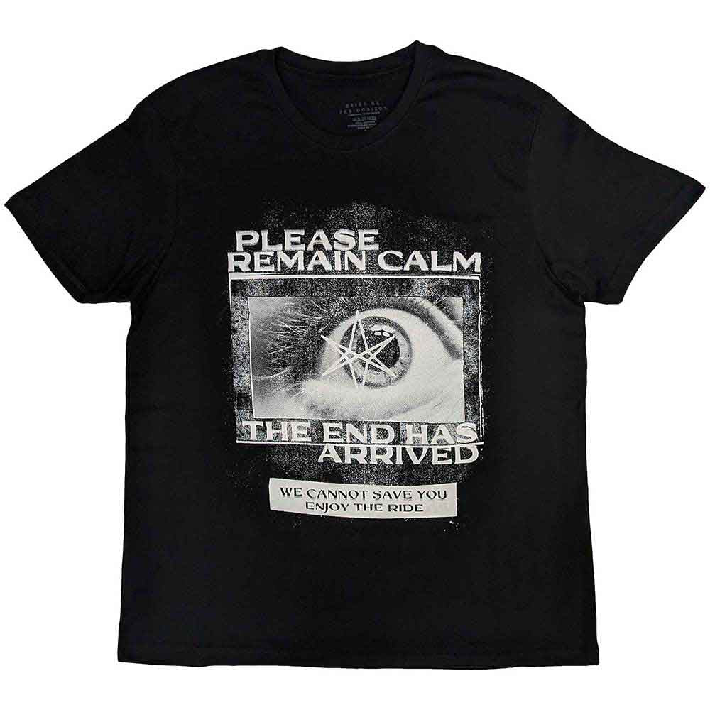 Black t-shirt with white “Remain Calm” graphic, Bring Me The Horizon band logo.