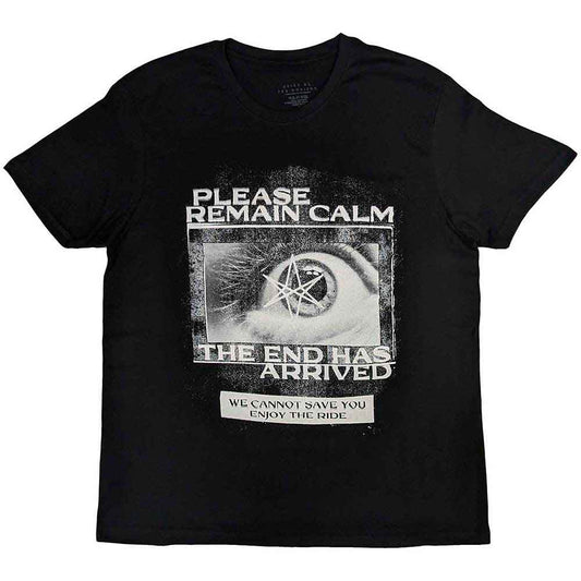 Black t-shirt with white “Remain Calm” graphic, Bring Me The Horizon band logo.