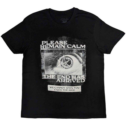 Black t-shirt with white “Remain Calm” graphic, Bring Me The Horizon band logo.