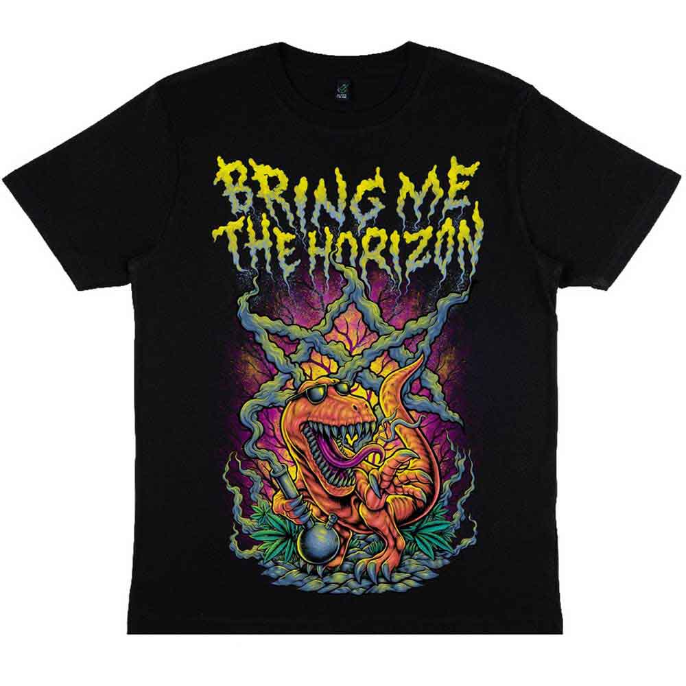 Black unisex t-shirt featuring a graphic of a smoking dinosaur.