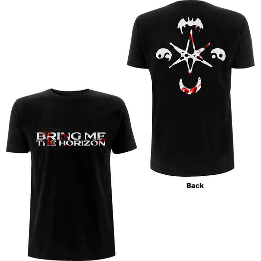 Black unisex t-shirt with large back print of Bring Me The Horizon symbols.