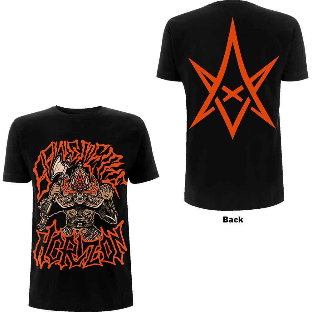 Black t-shirt with large back print of Bring Me The Horizon’s “Warrior” design.