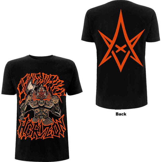 Black t-shirt with large back print of Bring Me The Horizon’s “Warrior” design.