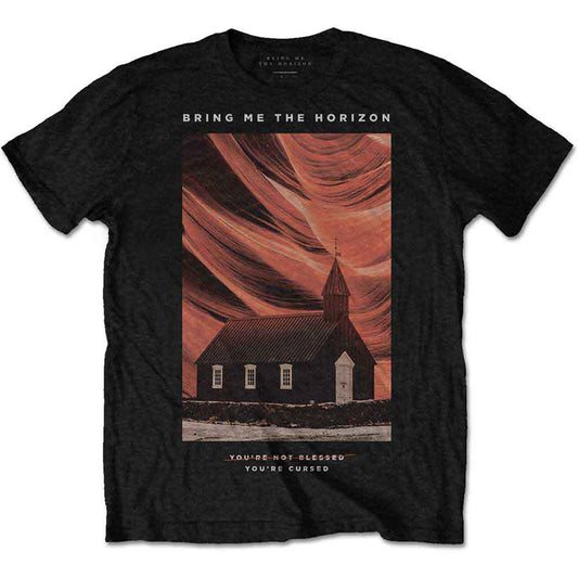 Black t-shirt with white "You're Cursed" text, Bring Me The Horizon logo.