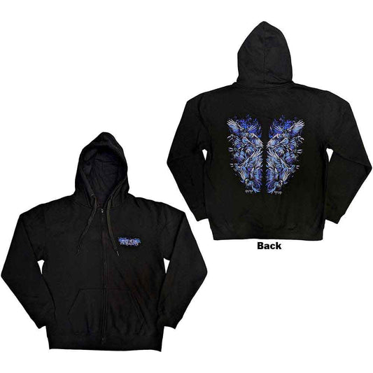 Blue zipped hoodie with large crow wings design printed on the back.