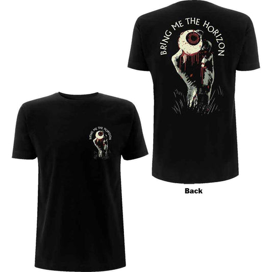 Black t-shirt with large back print of a zombie eye, Bring Me The Horizon logo.