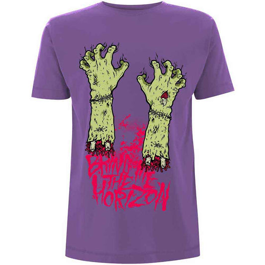 Black t-shirt with graphic of zombie hands, Bring Me The Horizon logo.