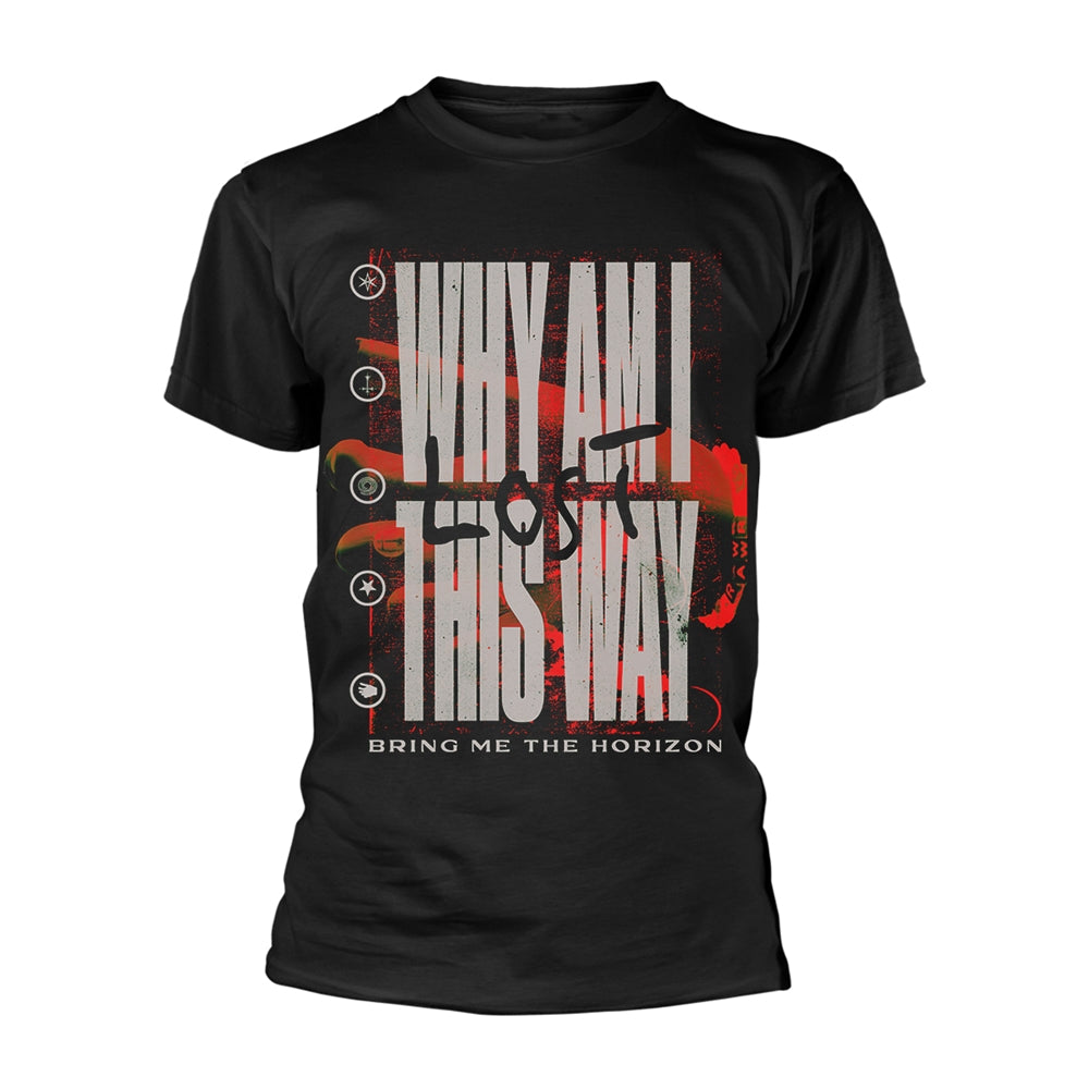 Black t-shirt with white and red text: "WHY AM I THIS WAY".