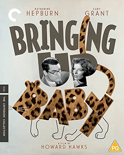 Bringing Up Baby" Blu-ray cover with Katharine Hepburn, Cary Grant, and a leopard.