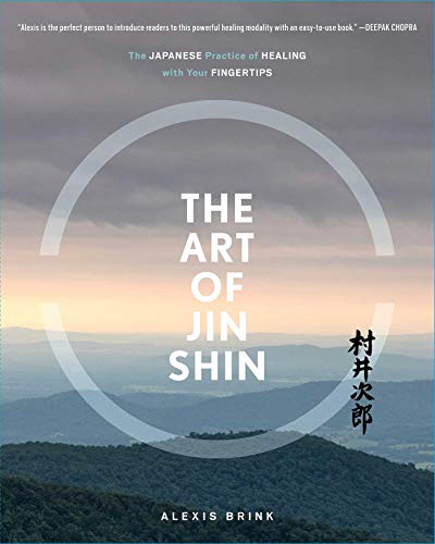Book cover for "The Art of Jin Shin" with a mountain landscape.